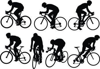Obraz premium Multiple Silhouettes of Cyclists in Racing Poses on White Background cycling bicycle