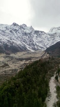 Aerial View of Ancient Glacier Moraine and Snow Covered Peaks on the Route to Himal Chuli Base Camp in the Manaslu Region of Nepal