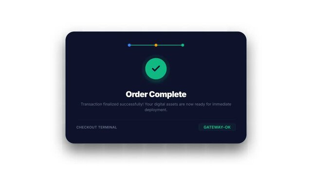 Seamless Digital Transaction Process Animation, Featuring Shopping Cart Selection, Secure Payment Gateway Confirmation, and Order Completion with Checkmark Icon, Representing E-commerce Success