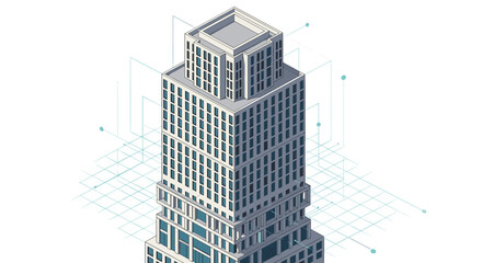 Fototapeta premium Isometric skyscraper building illustration showing architectural design blueprint elements on white background.
