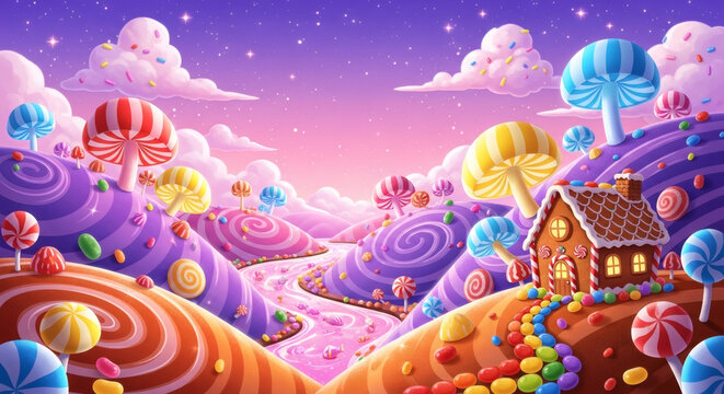 Paisagem fant&aacute;stica de um mundo de doces com casa de gengibre, pirulitos e rios de calda sob um c&eacute;u colorido.