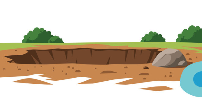 Empty deep pit or hole in the ground with a large stone on a grassy landscape with bushes, vector art.
