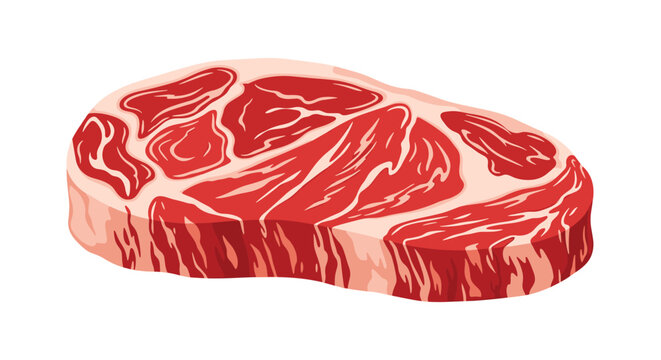Raw beef ribeye steak with marble fat pattern isolated on a clean white background, fresh meat illustration.