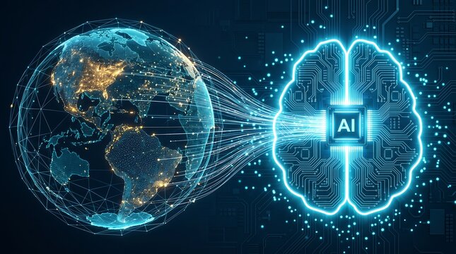Global Artificial Intelligence Network Connecting Earth's Data Streams to an AI Brain with Circuitry and Neural Network Pattern