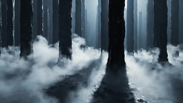 Dark forest with mysterious thick fog and glowing light in the distance