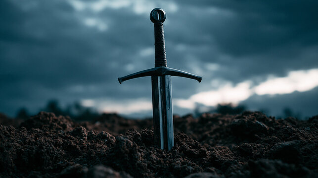 longsword. A medieval longsword driven into dark soil, its blade reflecting an overcast sky. event programs, museum guides, designed for cultural heritage projects and event programs.