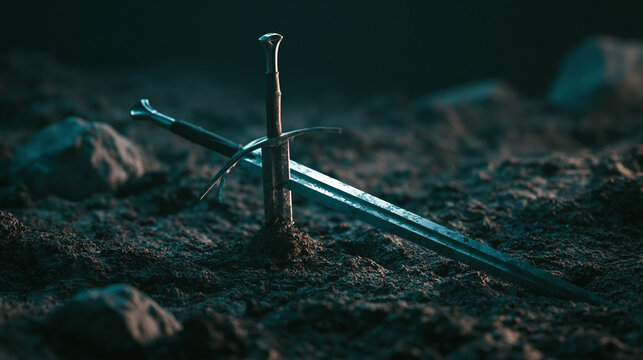 longsword. A medieval longsword driven into dark soil, its blade reflecting an overcast sky. event programs, museum guides, designed for cultural heritage projects and event programs.