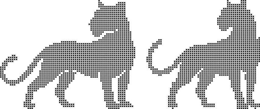 Two lions in cross stitch pattern on white background