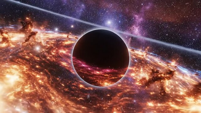 Ringed planet floating in a swirling galaxy of cosmic dust and stars