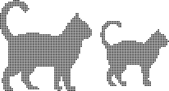 Two cats in cross stitch pattern on white background