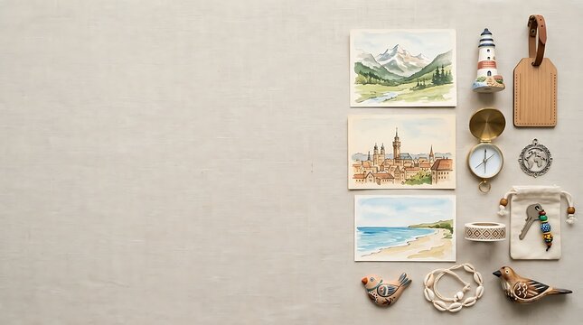 Travel mementos with postcards and adventure tools on fabric
