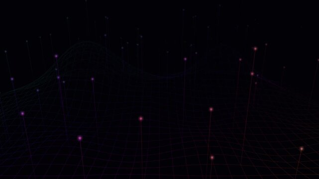 Features highly structured 3D topographic lines with vertical signal spikes shooting upward, leaving a non-distracting center layout that serves as an excellent backdrop for professional text overlay.