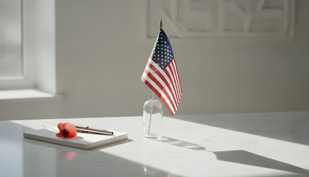 Minimalist 4th of July marble desk styling