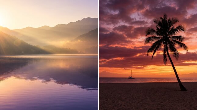 Beautiful split screen of a serene misty mountain lake reflection at sunrise and a tropical beach sunset with a silhouette palm tree