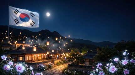 South Korea flag flies over traditional village with lanterns during liberation day celebration