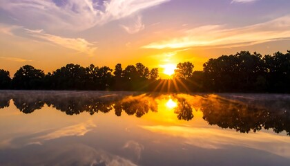 Fototapeta premium Golden sunset over serene lakeside landscape with reflections.