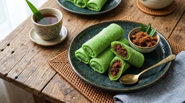 An appetizing high-angle shot of sweet Indonesian dadar gulung green crepes filled with palm sugar grated coconut on a dark blue plate, served with a patterned teacup and a brass spoon.