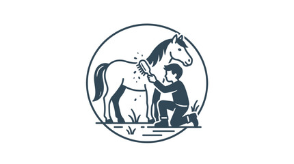 Man grooming a horses mane carefully. © Nur