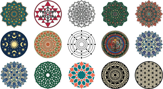 Decorative mandala collection featuring geometric floral sacred patterns bohemian ornaments and intricate circular design elements