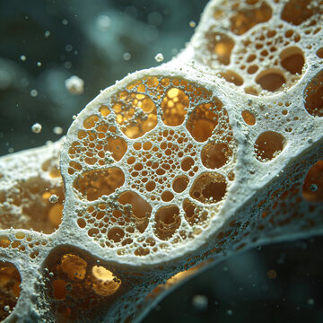 Microscopic images of the mineralized matrix of human femoral osteocytes, exhibiting a strong 3D effect, three-dimensional mesh structure, and depth of field, in a realistic medical research style.