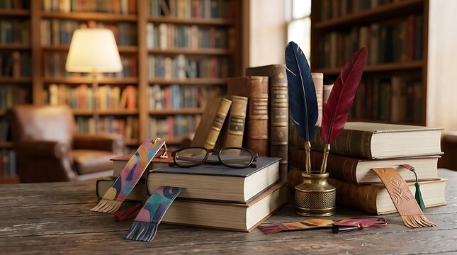 Antique books with quills and glasses in a warm library