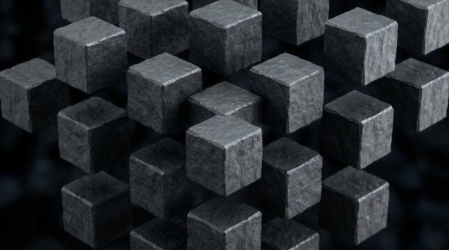 内部の発光コアを隠し持つ粗く不透明なグラファイトブロックの抽象CG背景