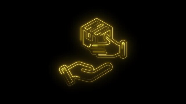 Glowing yellow neon outline icon of hands exchanging a cube representing delivery logistics and