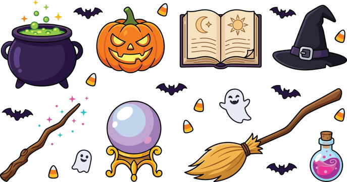 Halloween magic collection with witch hat pumpkin cauldron crystal ball broomstick spell book and spooky decorations