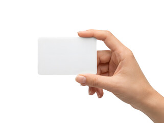 Obraz premium A hand holding a blank white plastic card for business or identification purposes isolated on transparent background