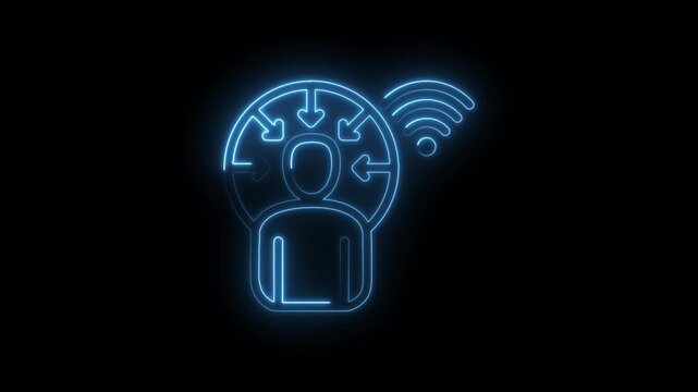 Neon blue outline of a person with arrows pointing inward and a wifi symbol radiating outward icon