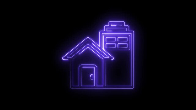 Purple neon outline of a house with a chimney and windows on a icon black background abstract
