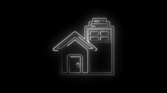 Neon outline of a house with a chimney and windows glowing on a icon black background abstract