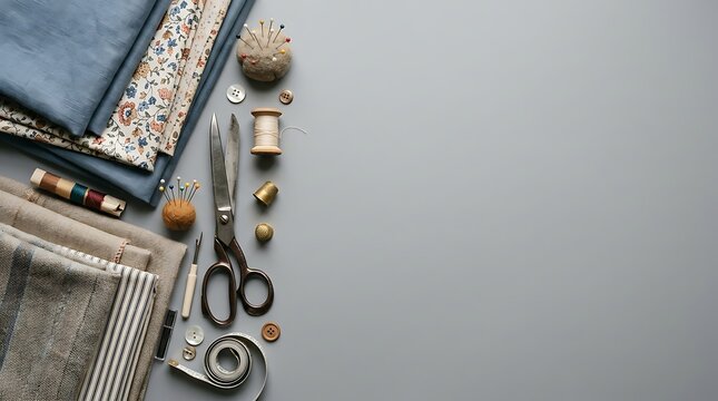 Tailoring supplies and folded fabrics on gray background