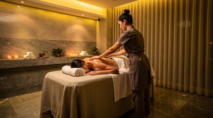 Fototapeta premium Professional female therapist performing a relaxing back massage in a luxury spa room with warm lighting.