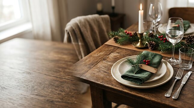 Festive holiday table setting on rustic wood with lit candle