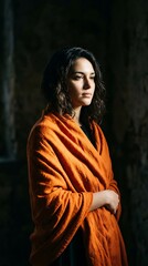 Fototapeta premium Pensive young woman wrapped in a warm orange shawl
