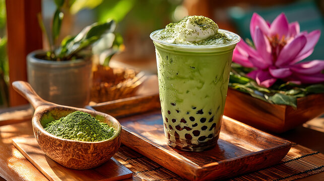 Iced matcha green tea latte with whipped cream and tapioca pearls on wooden tray beverage refreshment