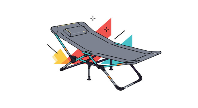 Portable grey folding camping cot with steel frame and built-in pillow on a decorative abstract background.