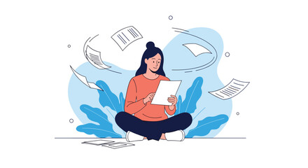Obraz premium Calm young woman sitting cross-legged on floor and sorting through paperwork with flying documents around her.