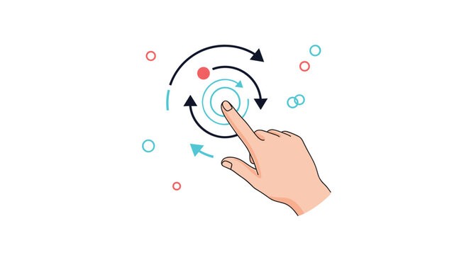Hand interacting with modern touch screen interface showing rotating navigation circular arrows and tracking dots.