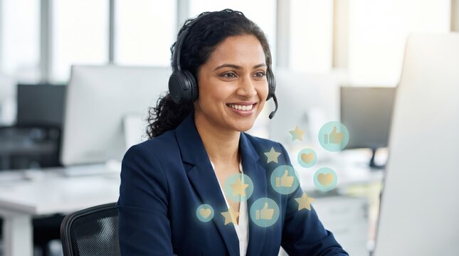 Customer Success Concept: Realistic Portrait of Indian Female Manager with Floating Minimalist Feedback Icons