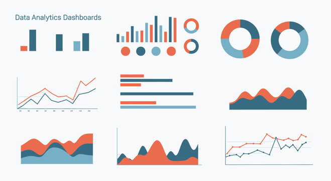 Business data analytics dashboard featuring diverse colorful charts.
