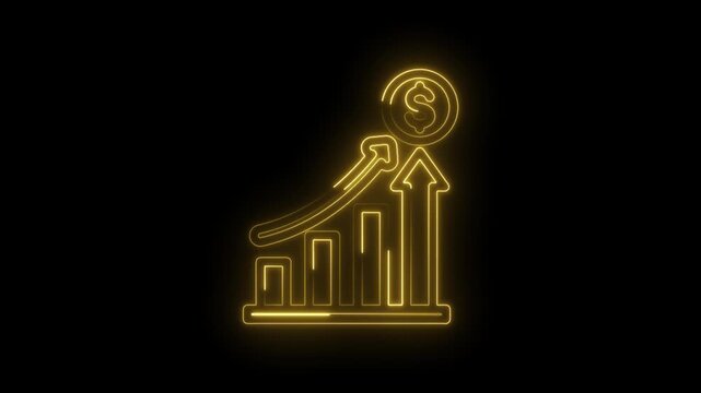 Glowing yellow neon financial graph with rising arrow and dollar coin symbolizing economic icon
