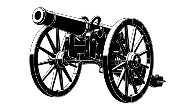 Antique Cannon Illustration: A detailed illustration of an antique cannon on wheels, rendered in stark black and white, evoking a sense of history and power.