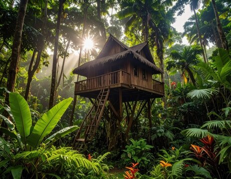Wooden stilt house in a vibrant green tropical forest, sun rays shining