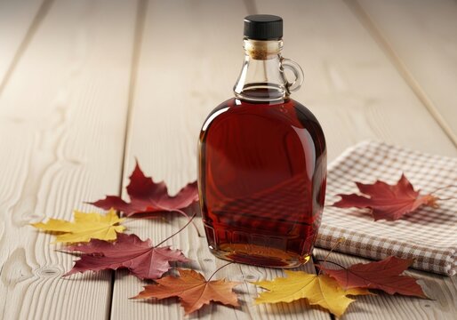 Glass bottle of rich amber maple syrup surrounded by colorful autumn leaves on a rustic wooden surface