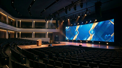 Naklejka premium Modern Conference Auditorium with Large LED Display Screen Professional Presentation Stage Corporate Event Venue Seminar Hall and Theater Seating