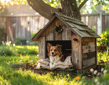 Dog resting happily inside a rustic wooden doghouse in a sunlit garden