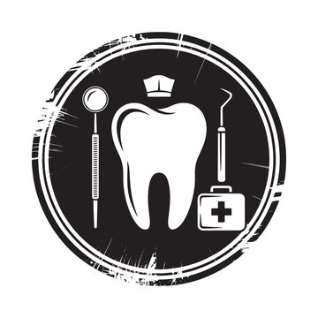 Dental Tools And Tooth Silhouette Black And White Vector Illustration