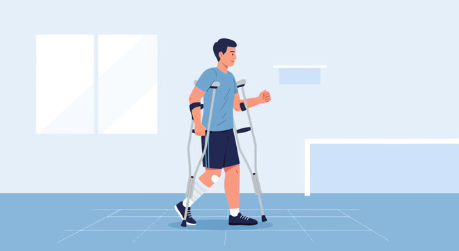 Man with injured leg walking with crutches in rehabilitation environment